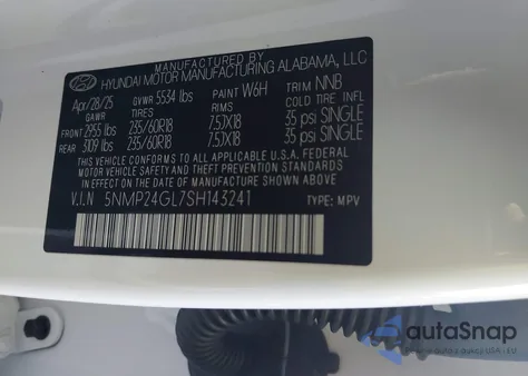 2025 Hyundai Santa Fe Sel из США, поврежденный, VIN 5NMP24GL7SH143241